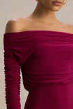Cilla Burgundy Bardot Neck Maxi Dress With Ruched Detailing