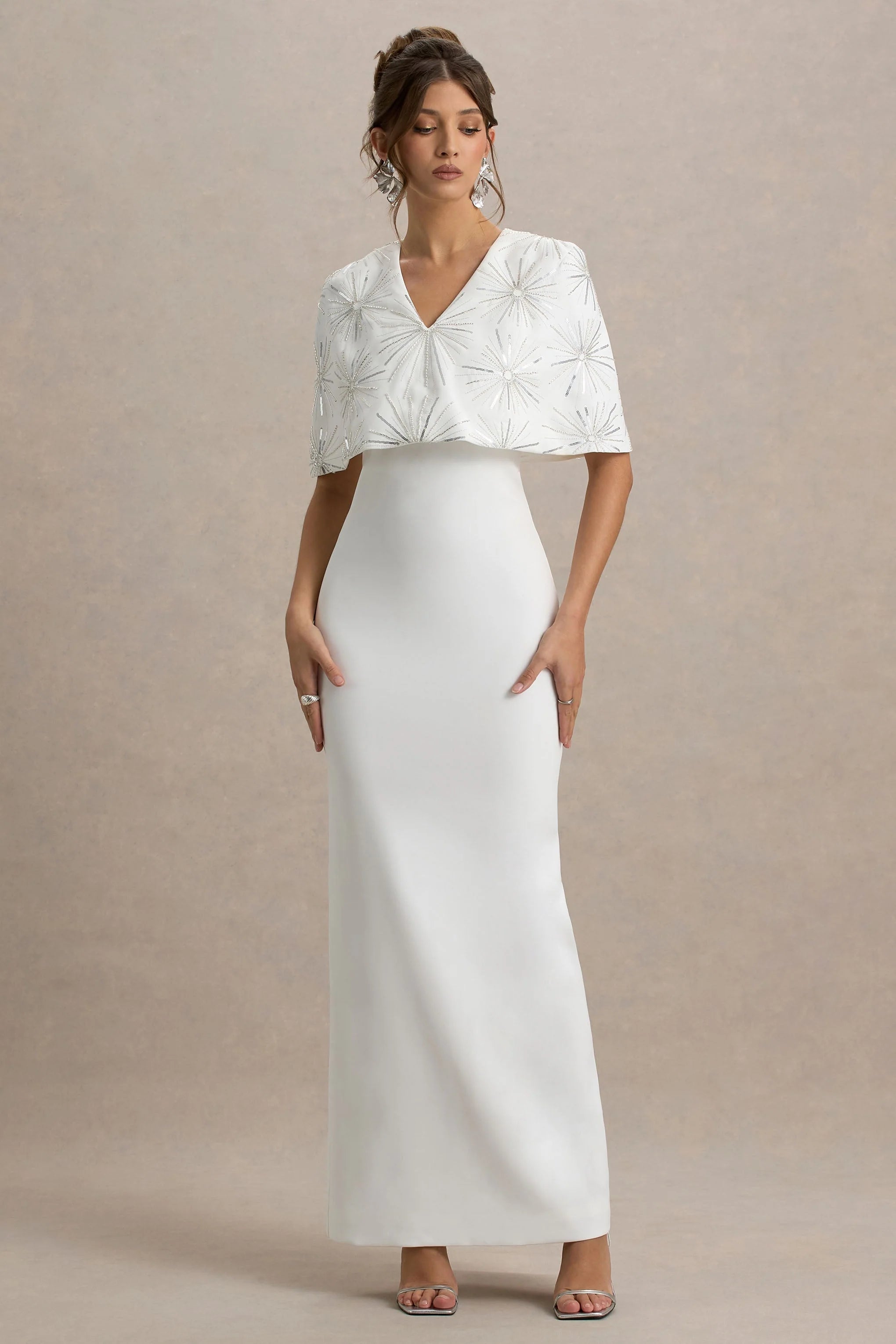 Agnella White Embellished V Neck Maxi Dress