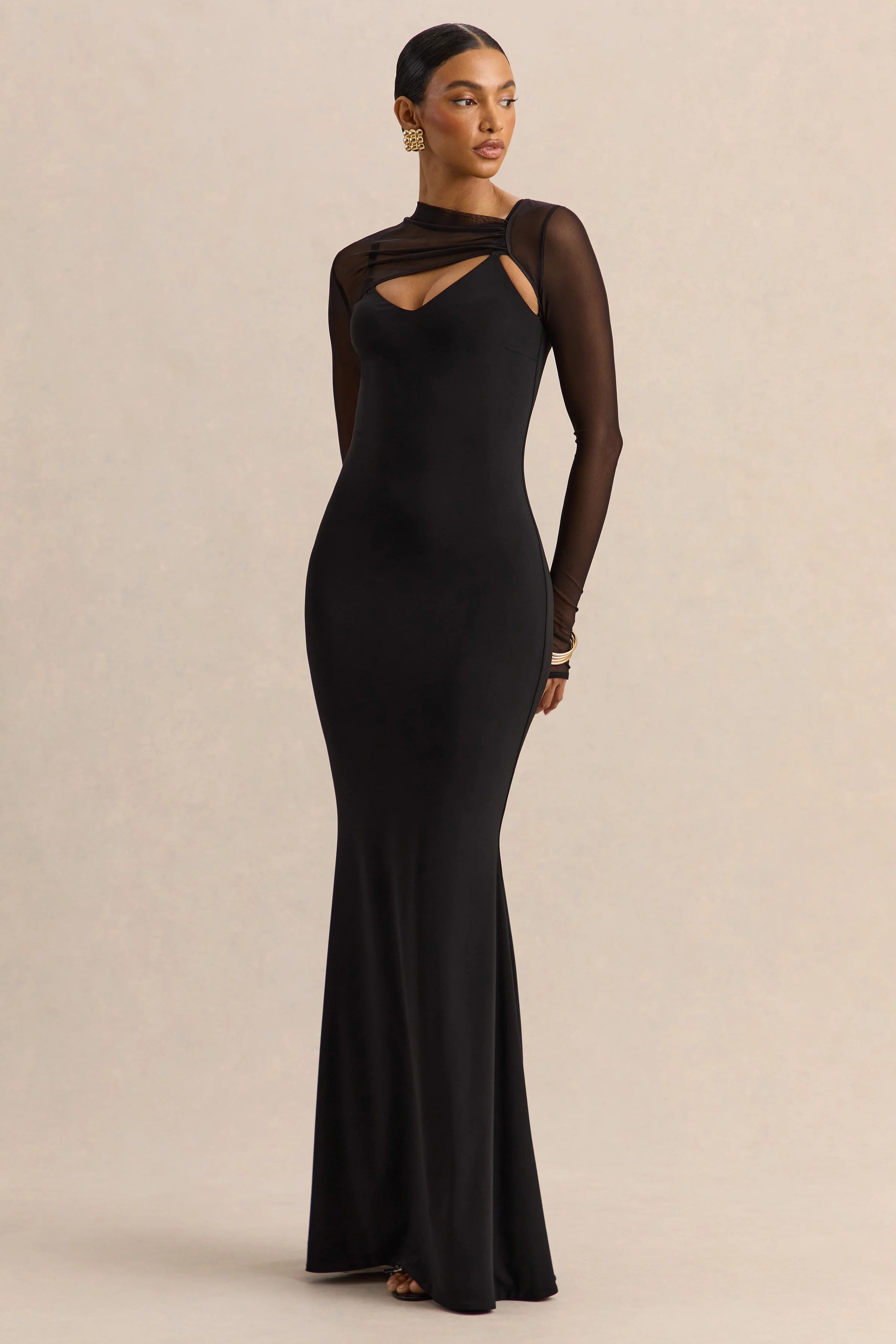 Coralia Black Asymmetric Neck Maxi Dress With Mesh Long Sleeves