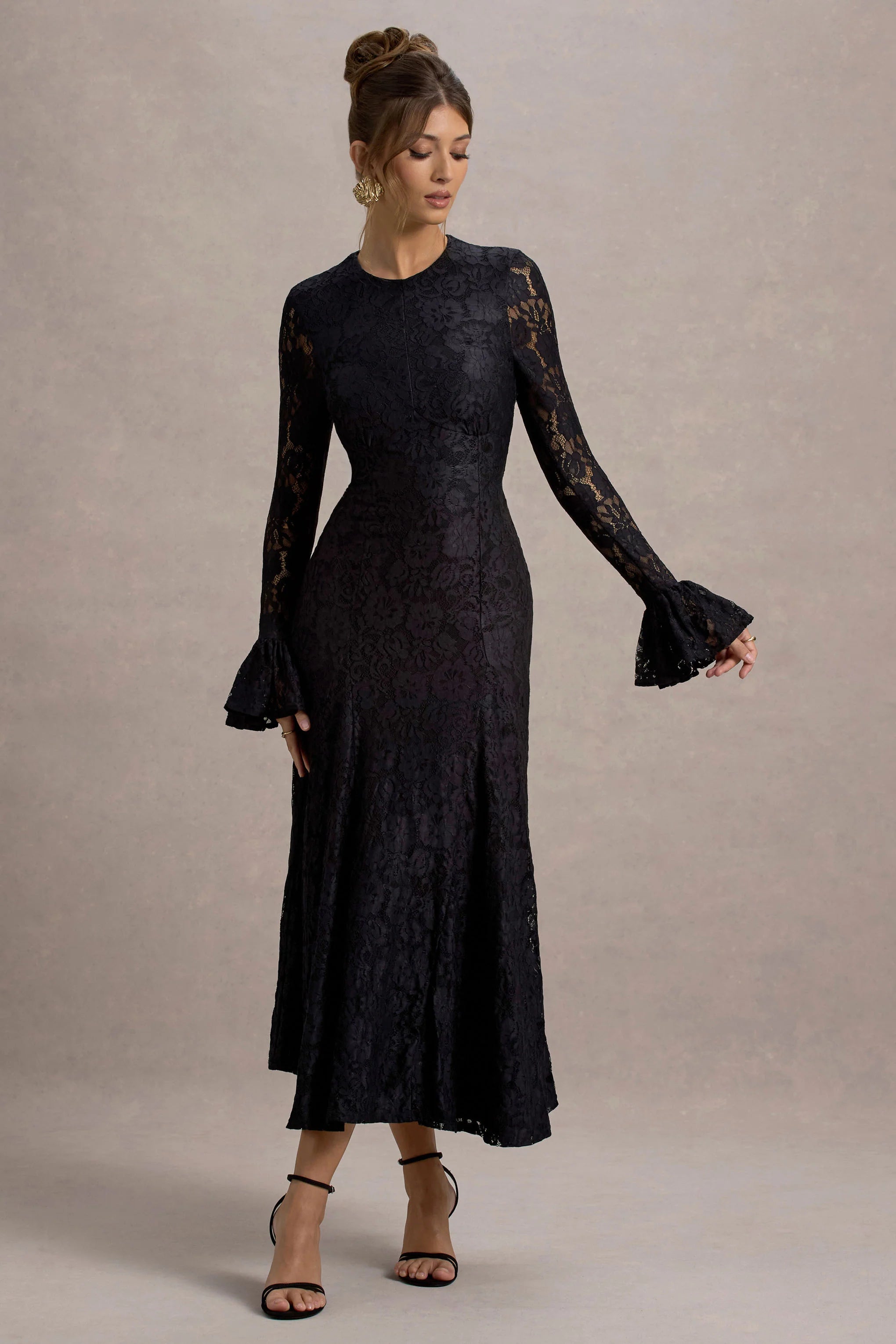 For Life Black Lace Long Sleeve Midi Dress