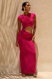 Pia Hot Pink Short Sleeve Maxi Dress With Cut Out