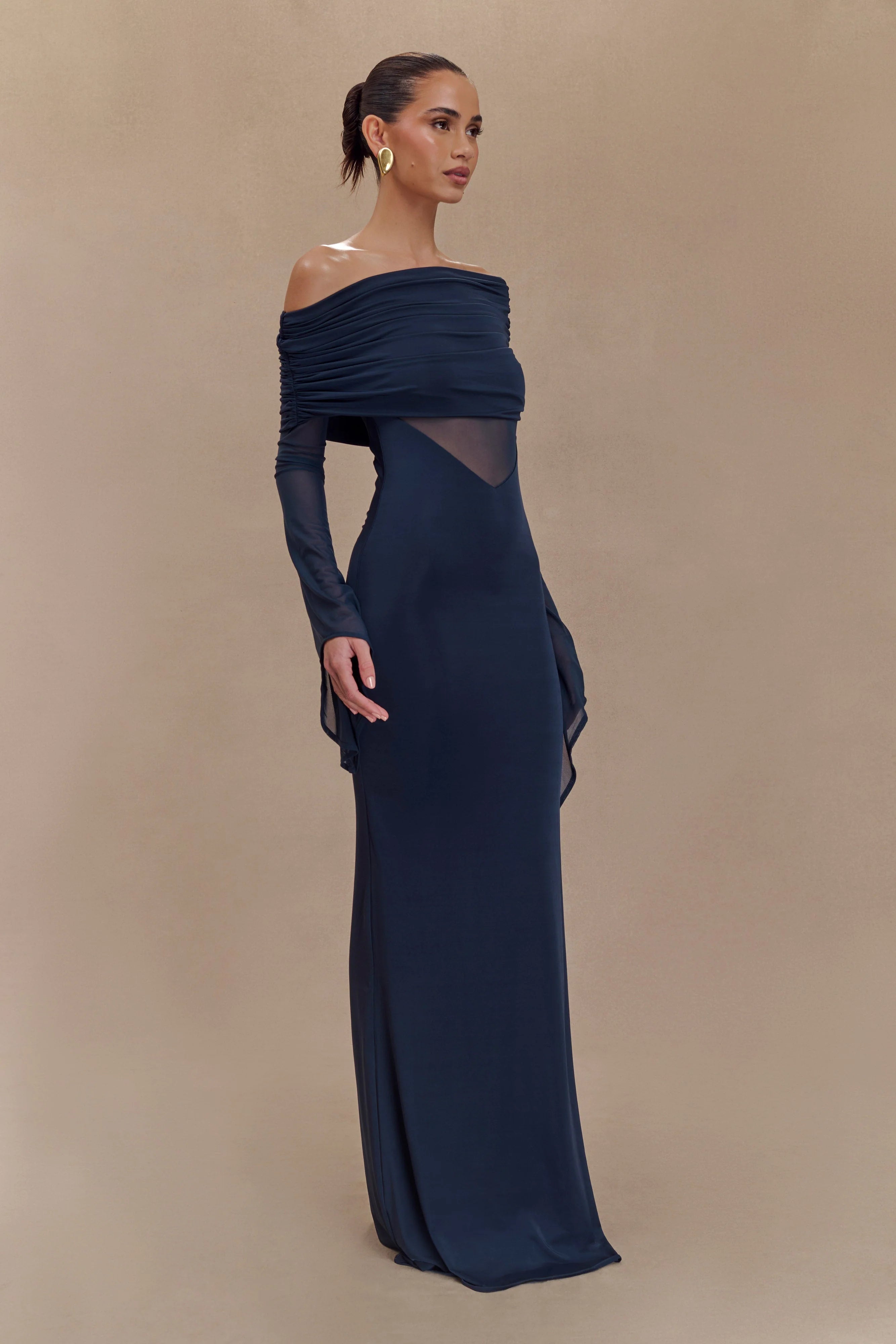 Kaitlin One Shoulder Slinky And Mesh Maxi Dress Midnight Blue