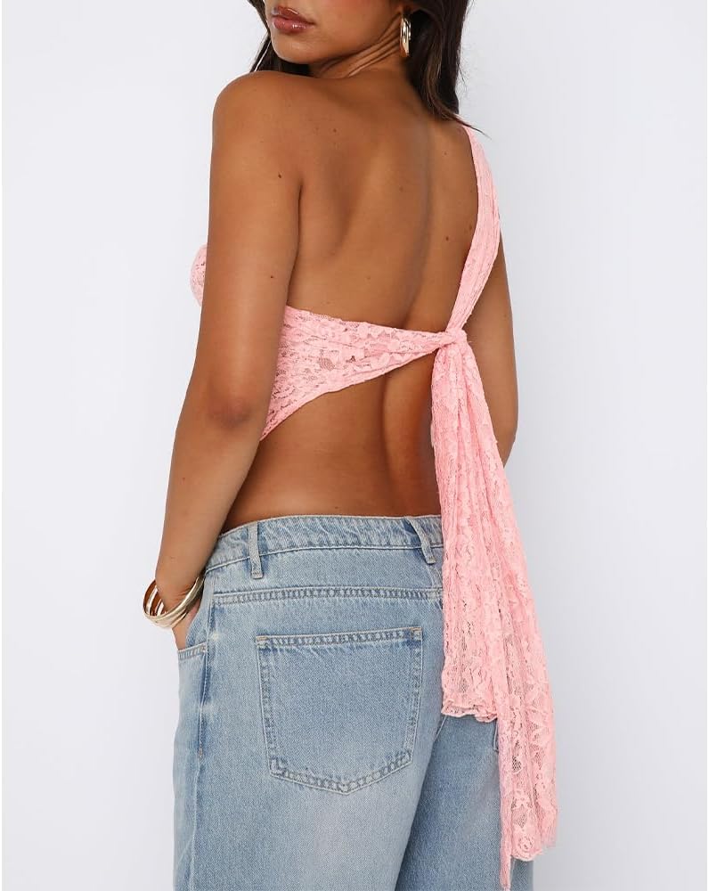 Women One Shoulder Lace Top Irregular Hem Backless Crop Tops See Through Sheer Tank Tops Going Out Clubwear