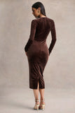 Francine Brown Velvet Round Neck Midi Dress With Cut Out Details