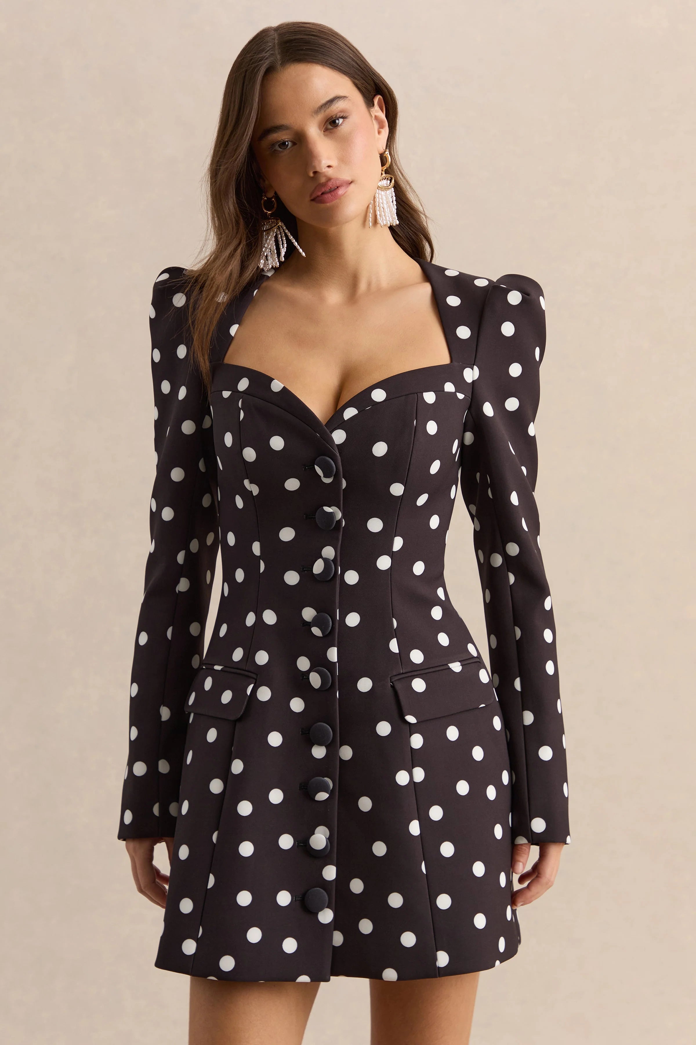 Carmen Black White Polka Dot Sweetheart Neck Tailored Mini Dress