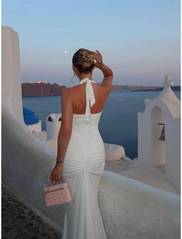 Women Deep V Neck Ruched Maxi Dress Sleeveless Halter Gown Cocktail Evening Formal Dresses