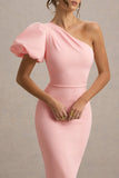 Aimee Pink Asymmetric Puff Sleeve Midi Dress