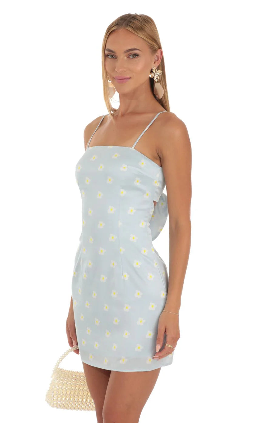 Floral Satin Tie Back Dress in Sky Blue