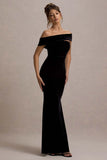 Candela Black Velvet Asymmetric Bardot Maxi Dress
