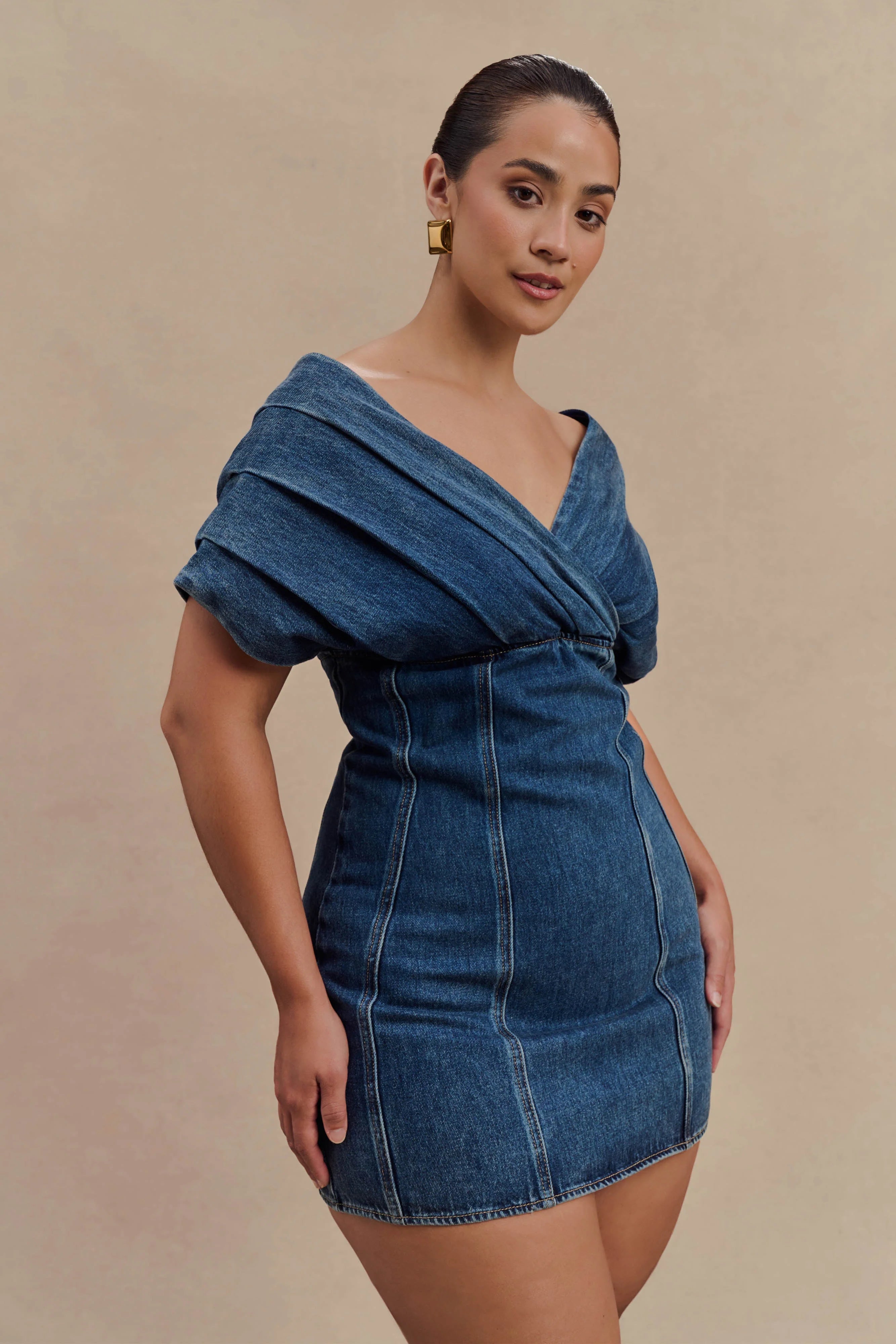 Pascale Off Shoulder Denim Mini Dress Washed Dark Blue