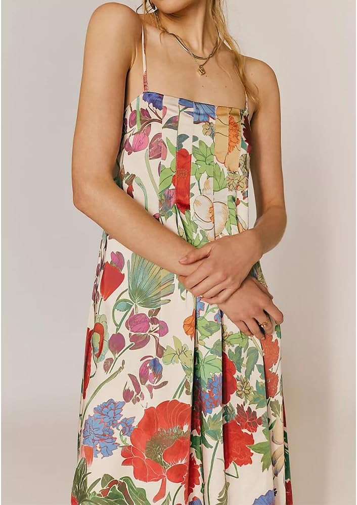 Women Boho Floral Maxi Dress Backless Spaghetti Strap A Line Flowy Summer Vacation Long Dress