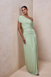 Emberly Green Draped Asymmetric Neck Maxi Dress With Drop Waist