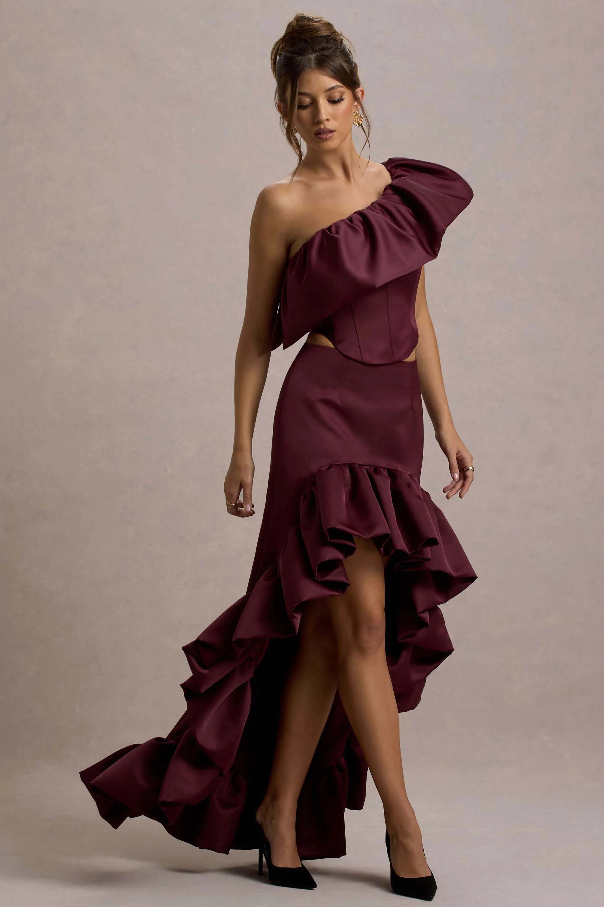 Ruby Merlot Satin High Low Maxi Skirt