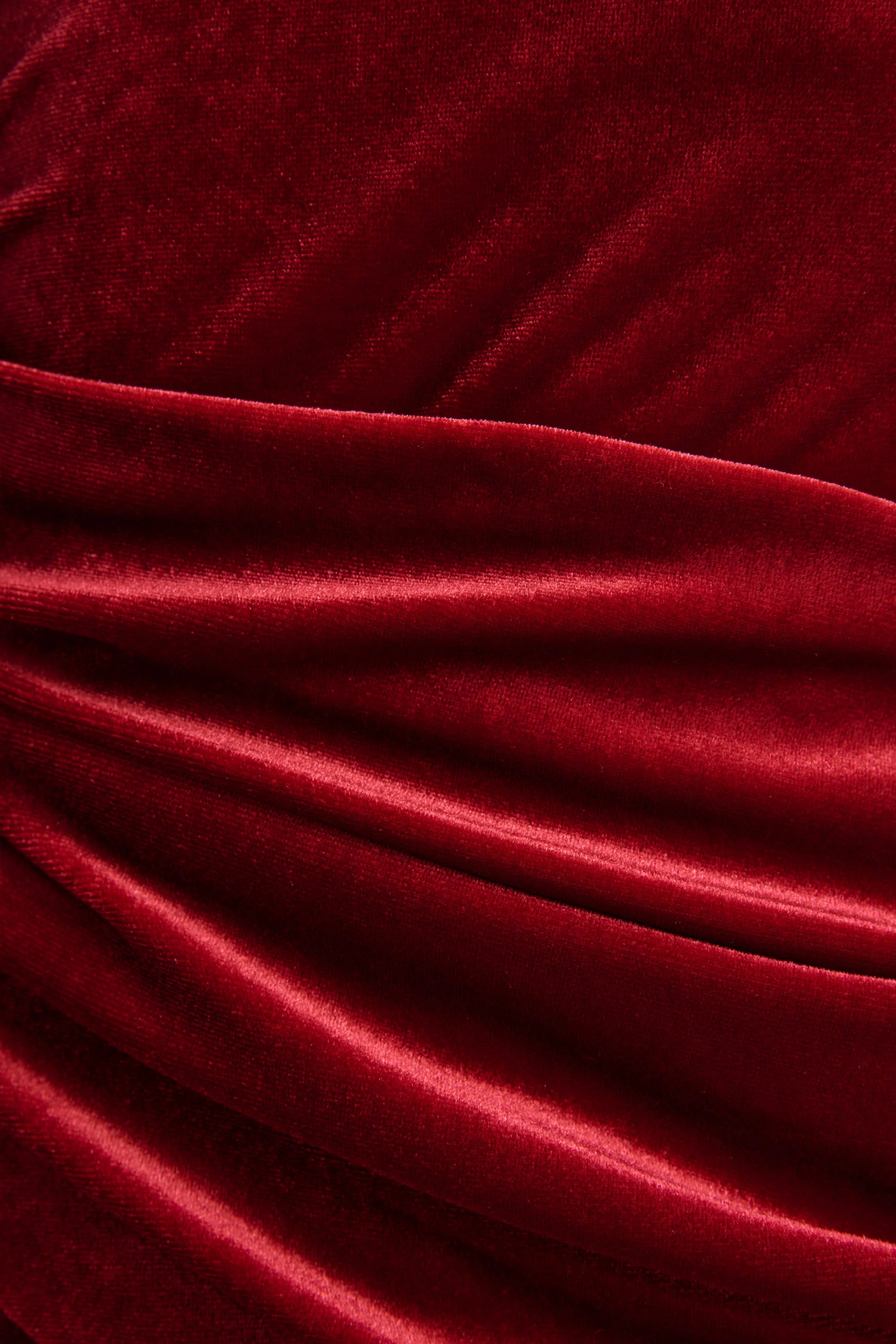 Eirene Red Velvet Asymmetric Neck Midi Dress
