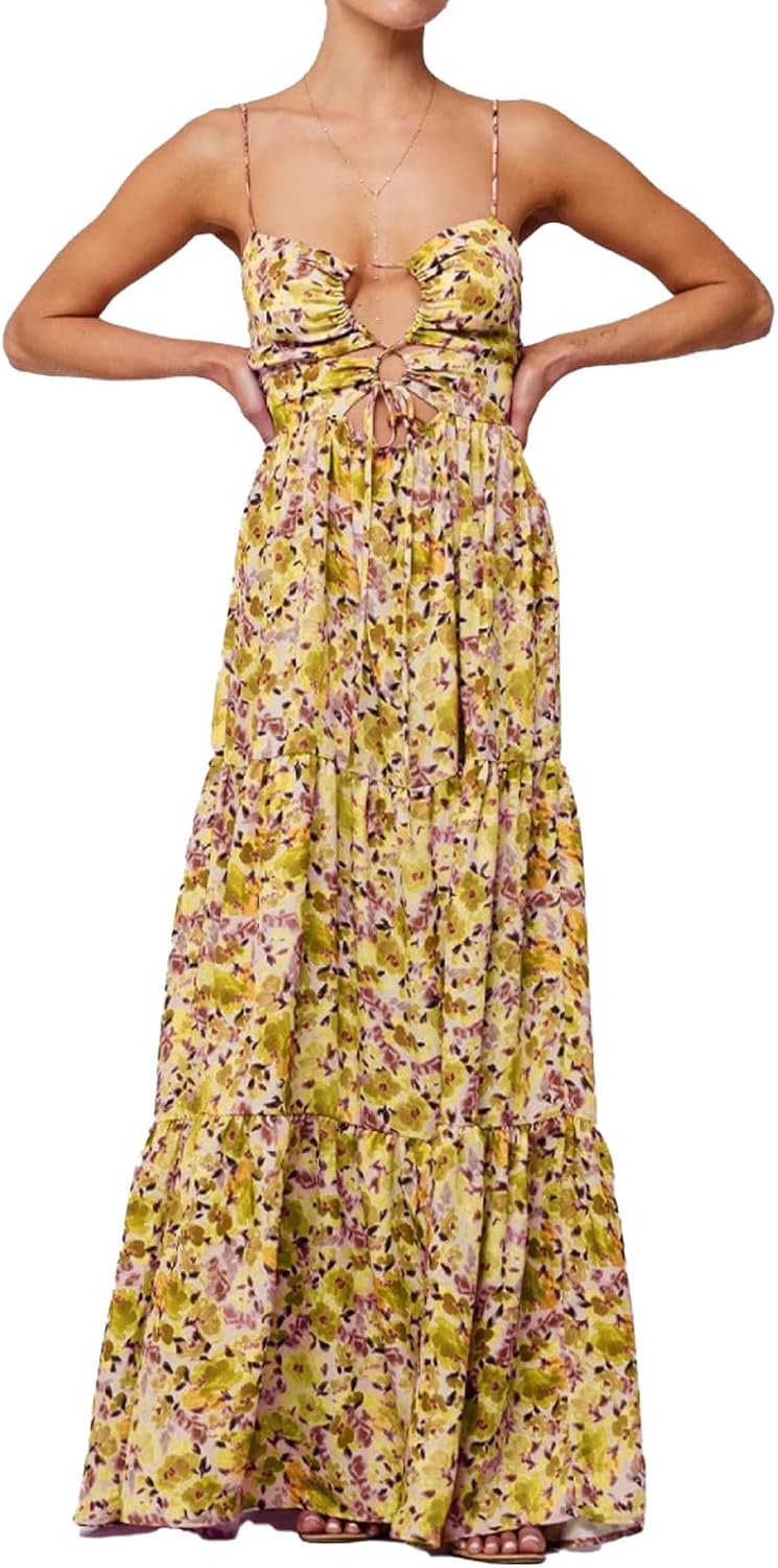 Women Floral Maxi Dress Tie Front Cut Out Backless Boho Spaghetti Strap Summer Beach Sundress