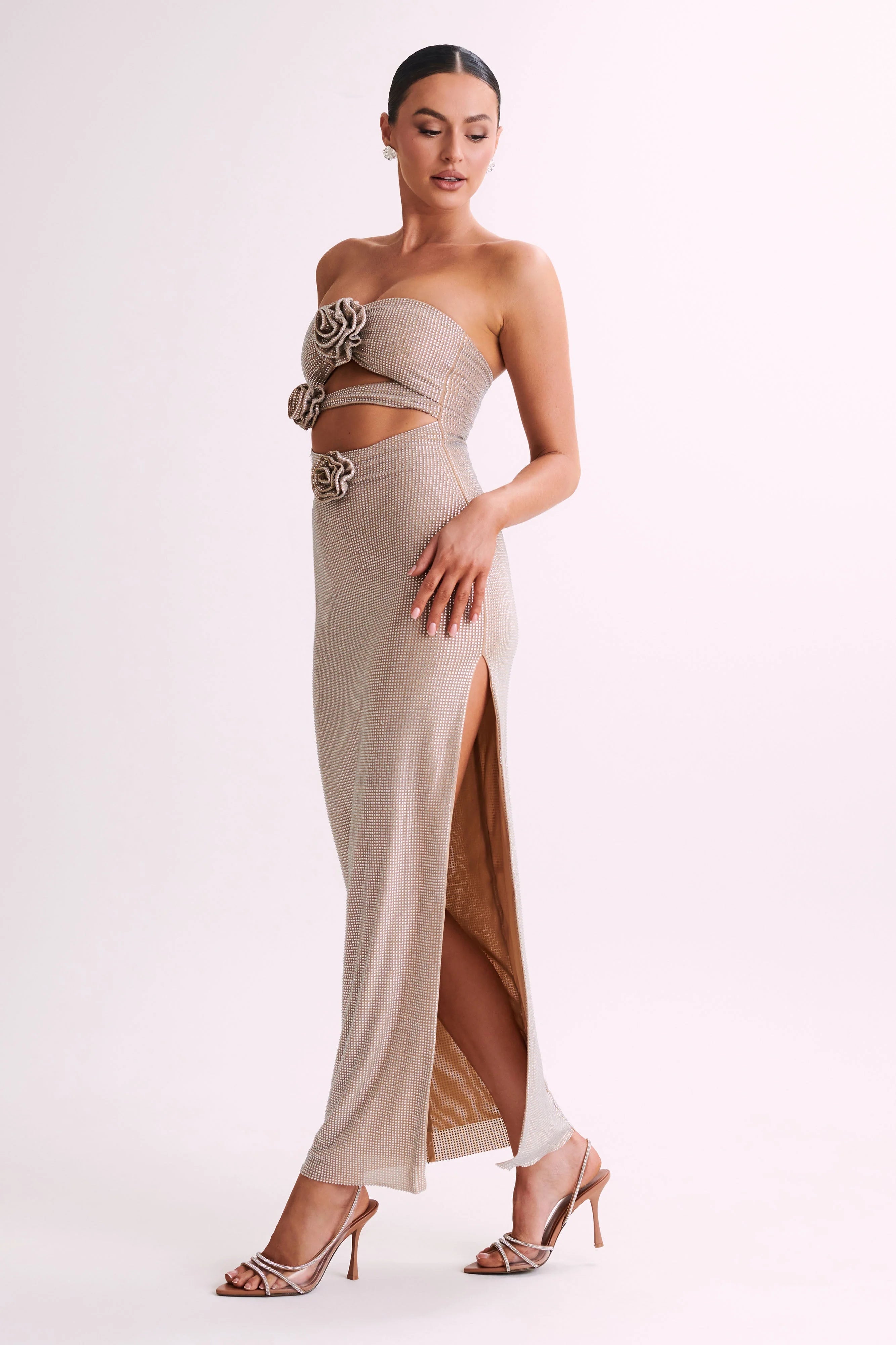 Stassie Strapless Rose Diamante Maxi Dress Nude
