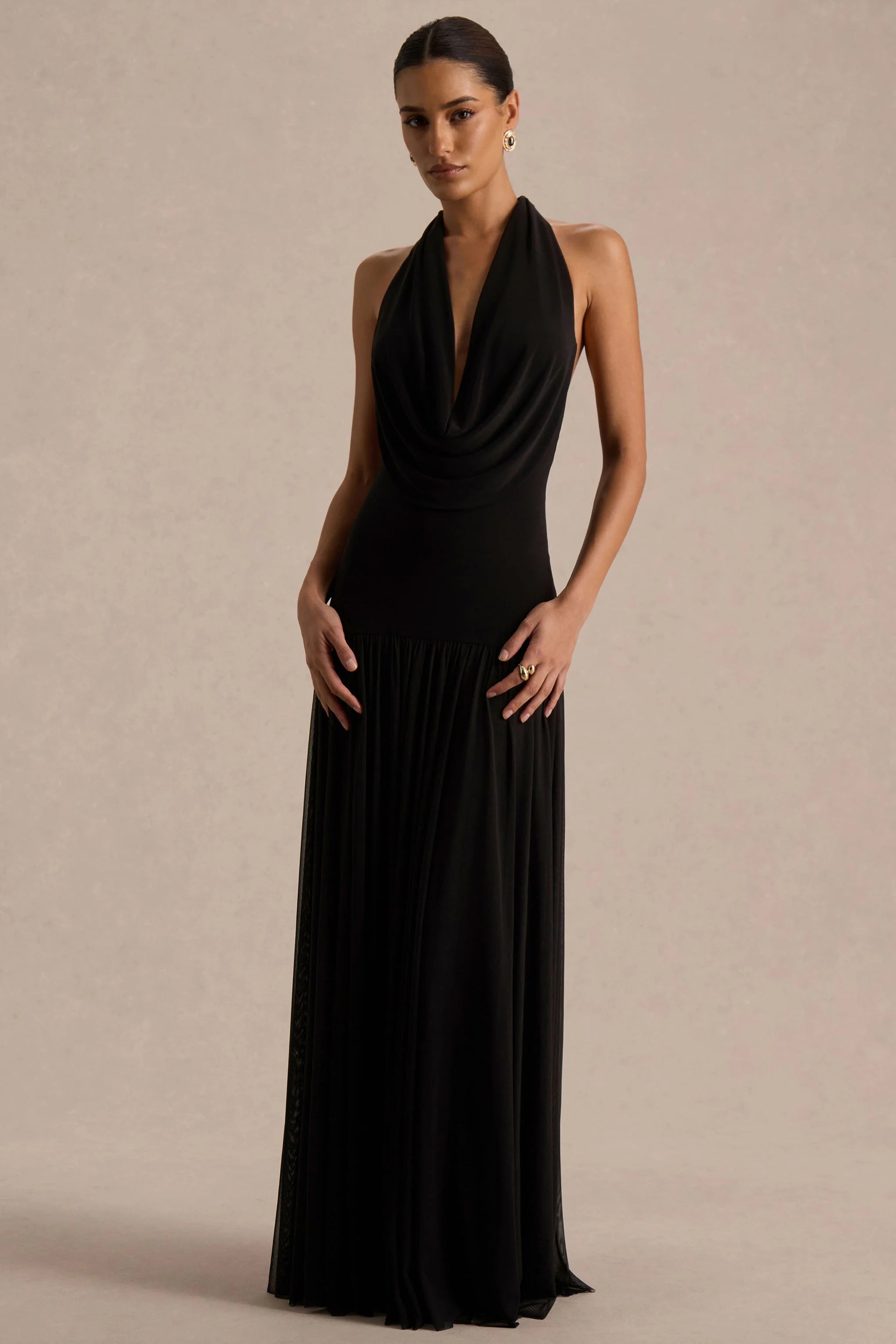 Verity Black Cowl Neck Maxi Dress With Sheer Skirt