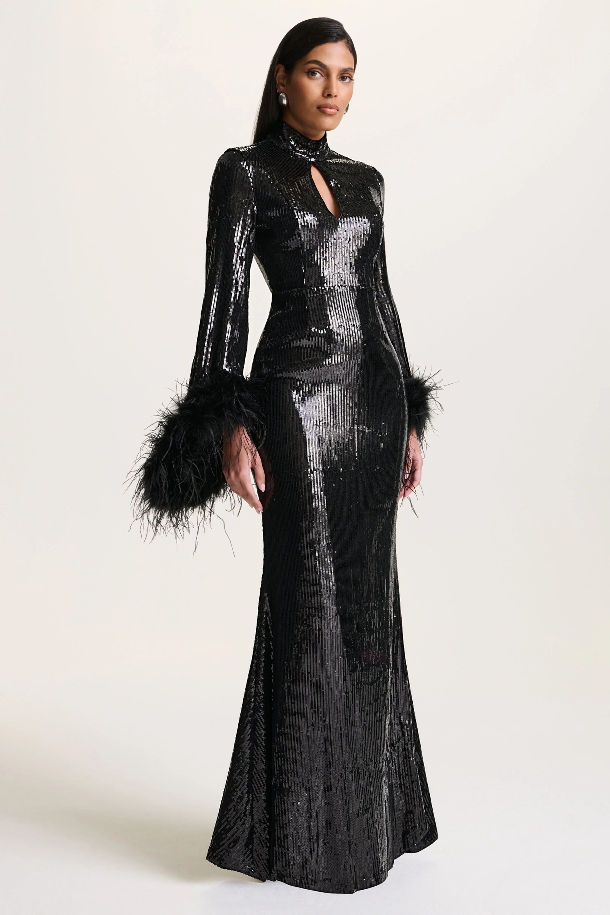 Cosmic Star Black Sequin High Neck Maxi Dress With Feather Cuffs