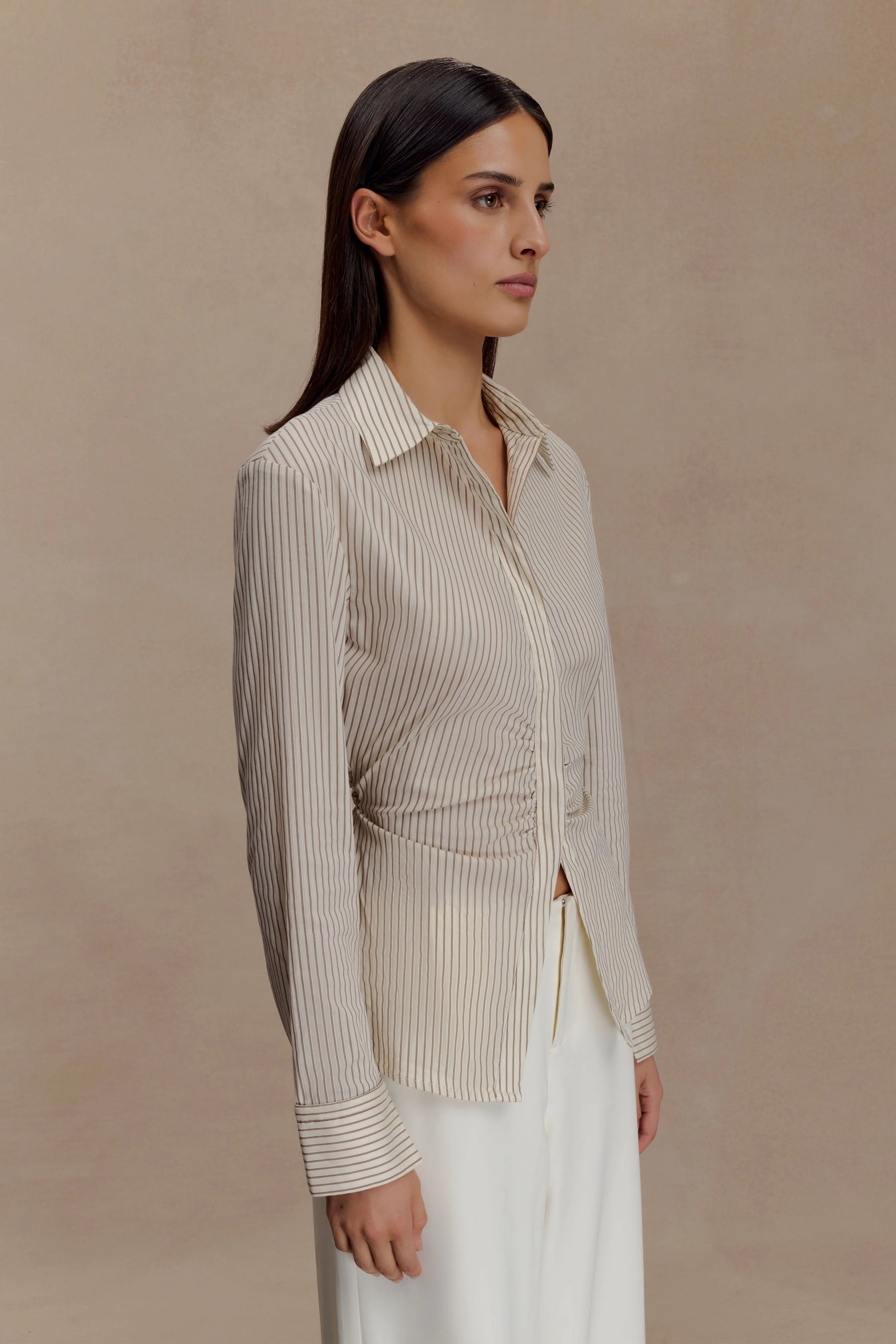 Millie Tie Back Cotton Shirt Beige Pinstripe