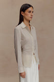 Millie Tie Back Cotton Shirt Beige Pinstripe