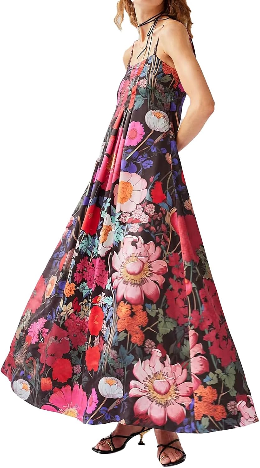 Women Boho Floral Maxi Dress Backless Spaghetti Strap A Line Flowy Summer Vacation Long Dress