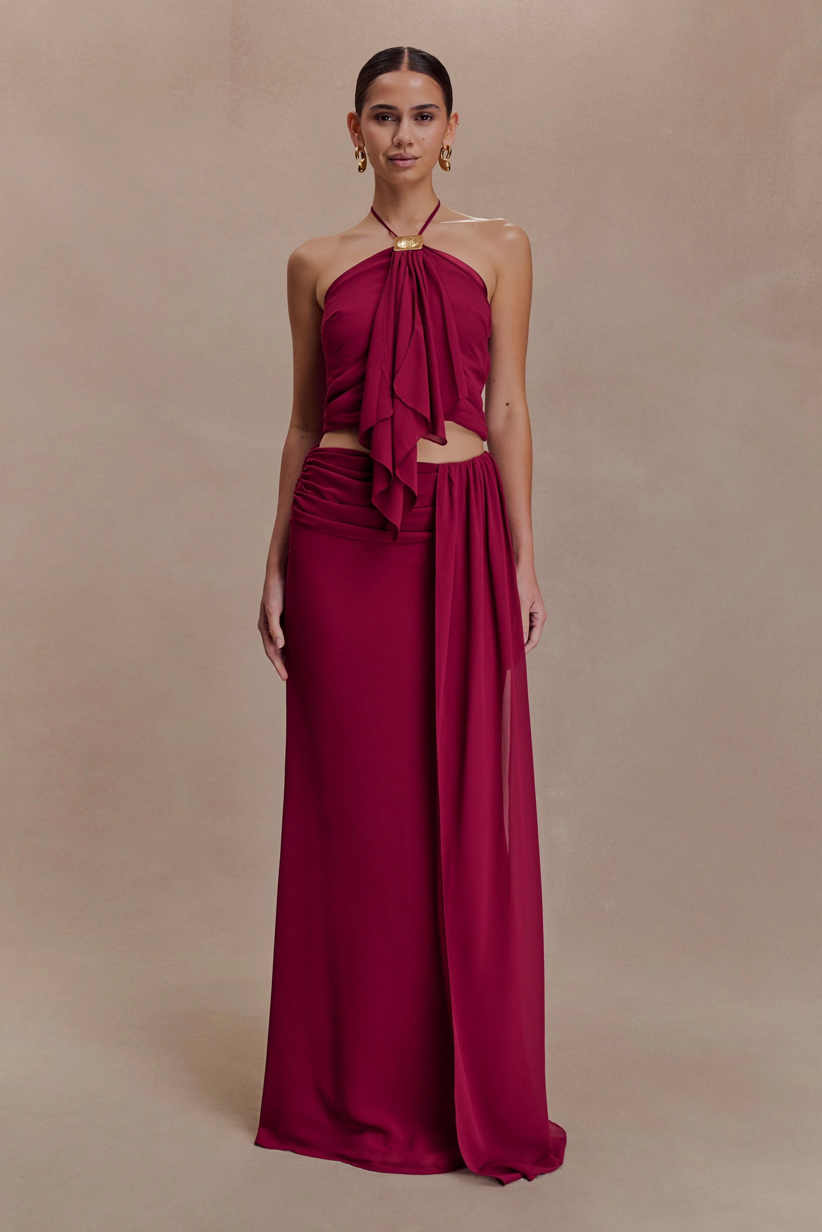 Celina Chiffon Halter Top With Hardware Cherry Red