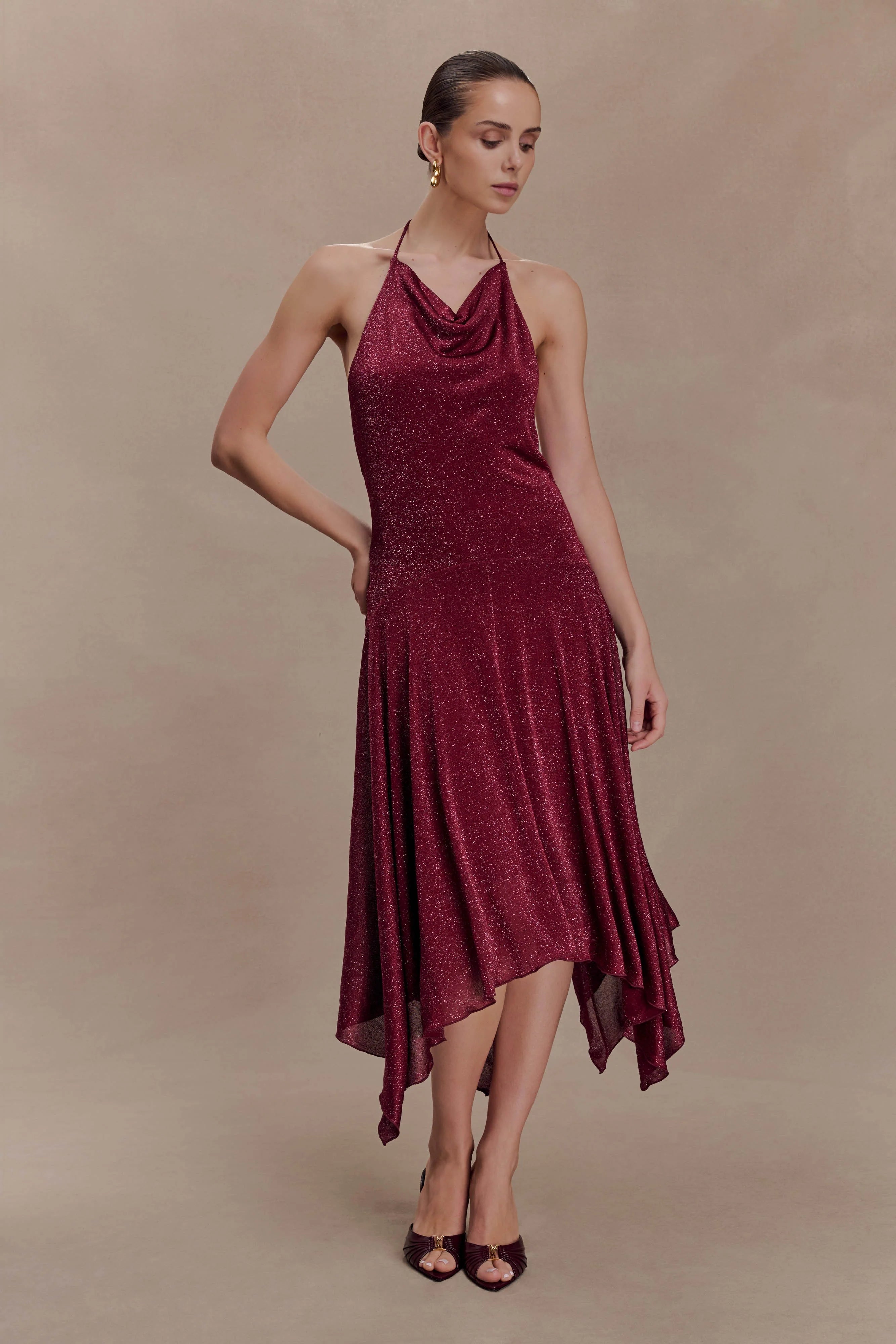 Sylvie Lurex Hankie Midi Dress Wine