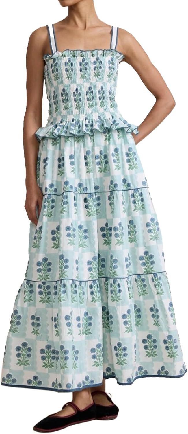 Women Floral Maxi Dress Sleeveless Smocked Ruffle Flowy Boho Sundress with Pockets Summer Vacation