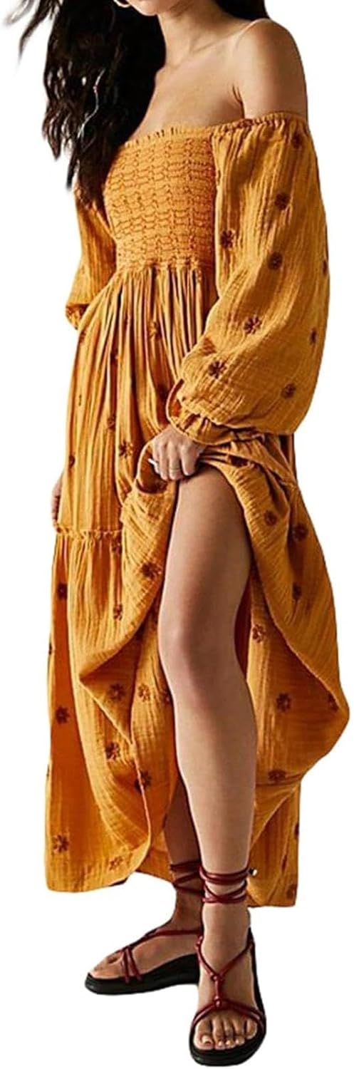 Women Floral Embroidered Maxi Dress Long Puff Sleeve Square Neck Bohemian Flowy Dress with Pockets Summer Fall