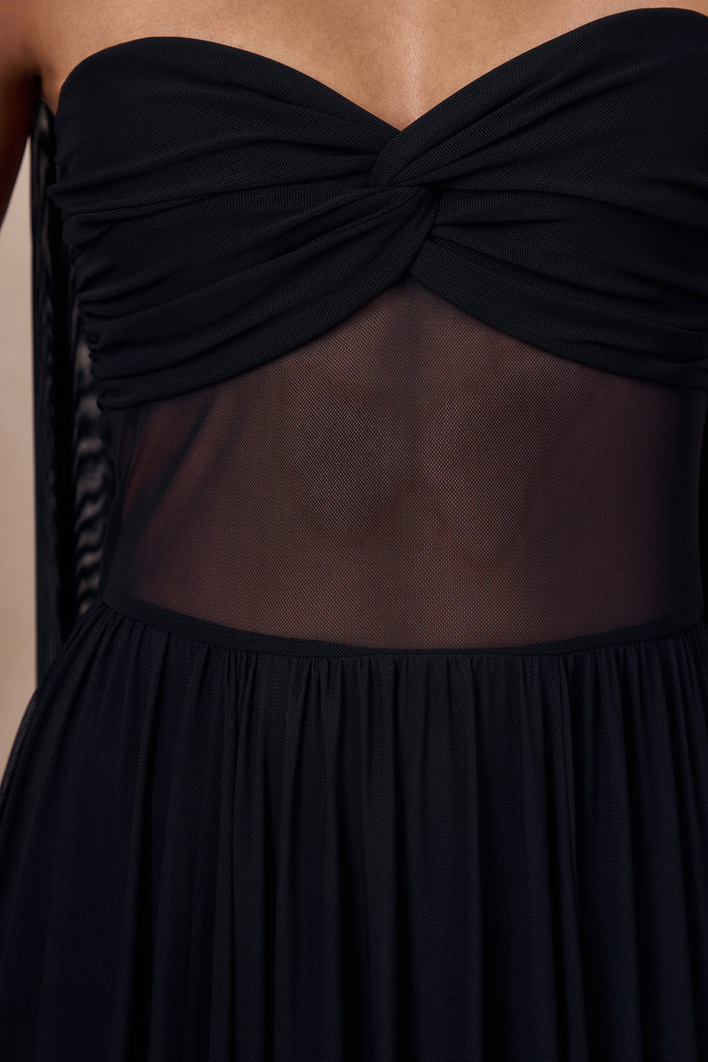 Lyvoria Black Bandeau Maxi Dress With Mesh Detail And Scarf