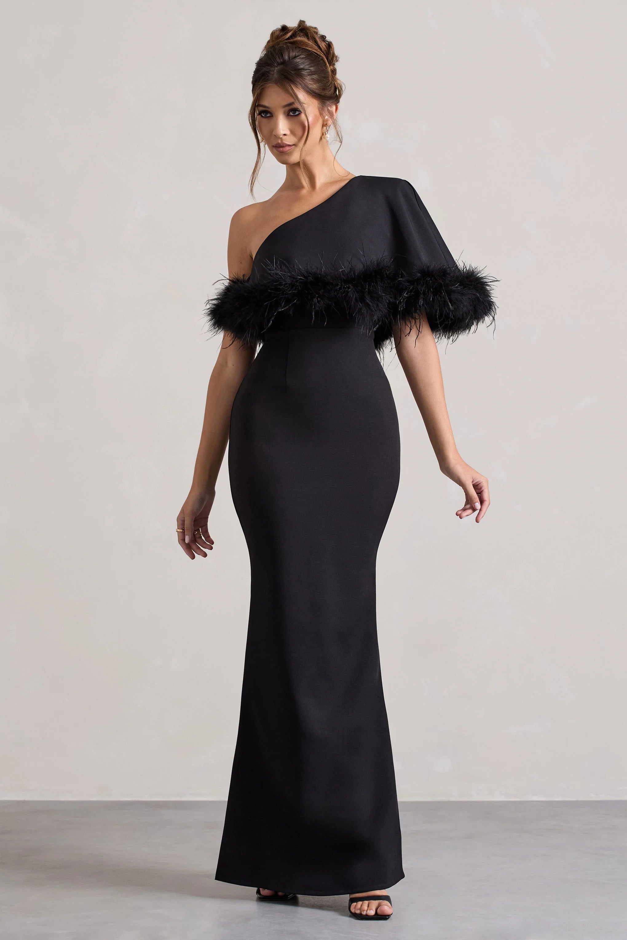 Valor Black Asymmetric Maxi Dress With Feather Trim