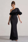 Valor Black Asymmetric Maxi Dress With Feather Trim