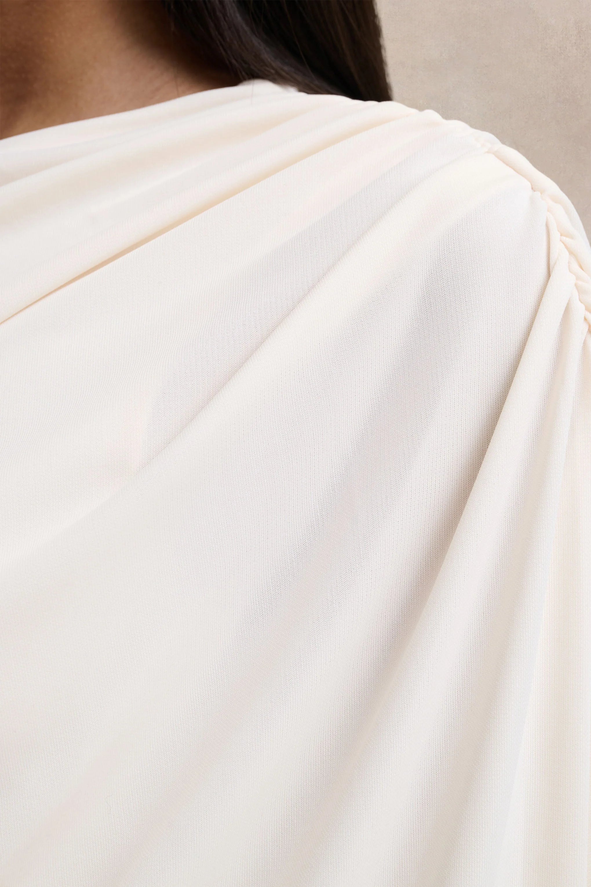 Olivia Cream Asymmetric Neck Maxi Dress With Ruched Detailing Asymmetric Hem