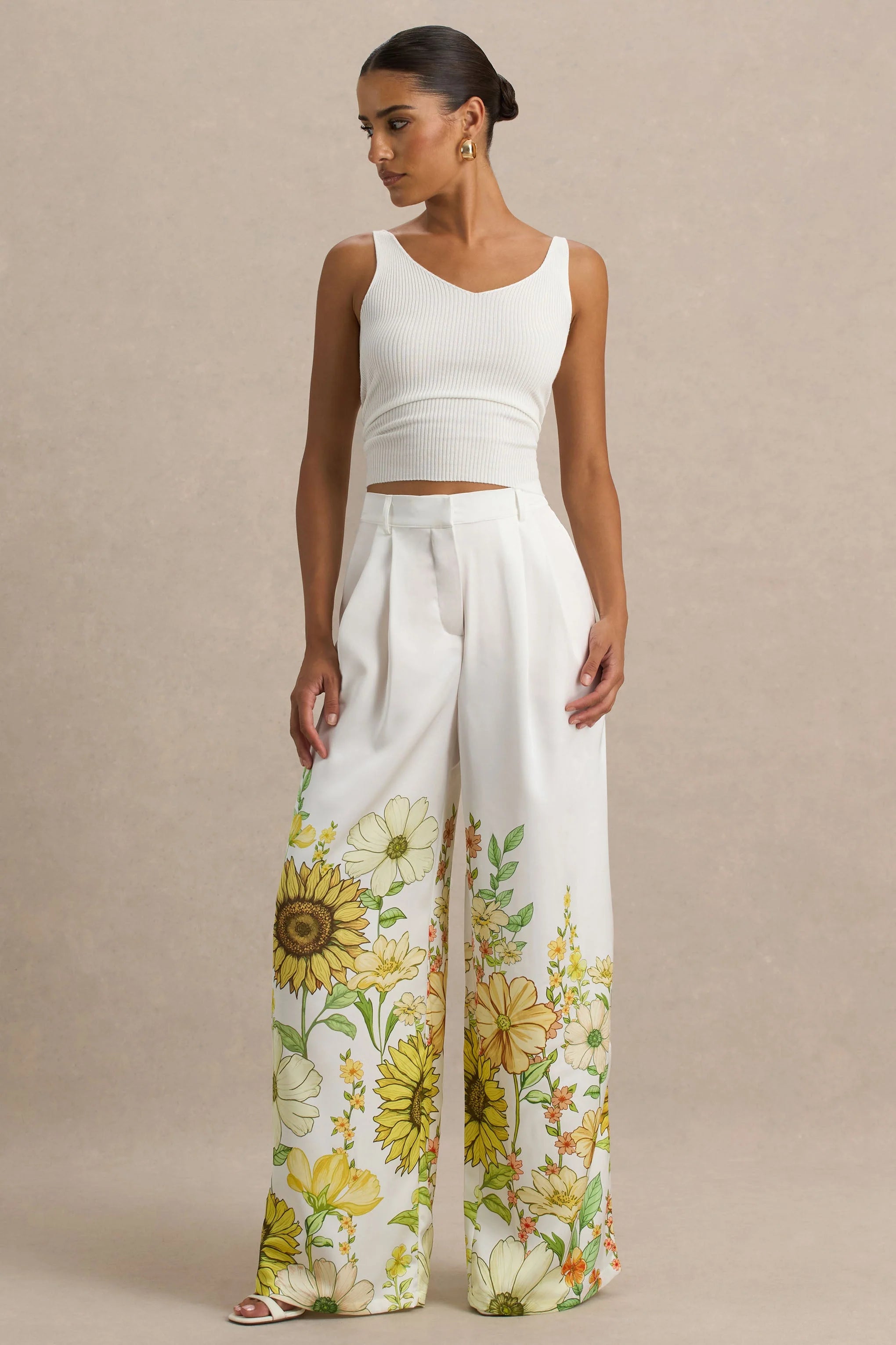 Louise Sunflower Print Wide Leg Trousers