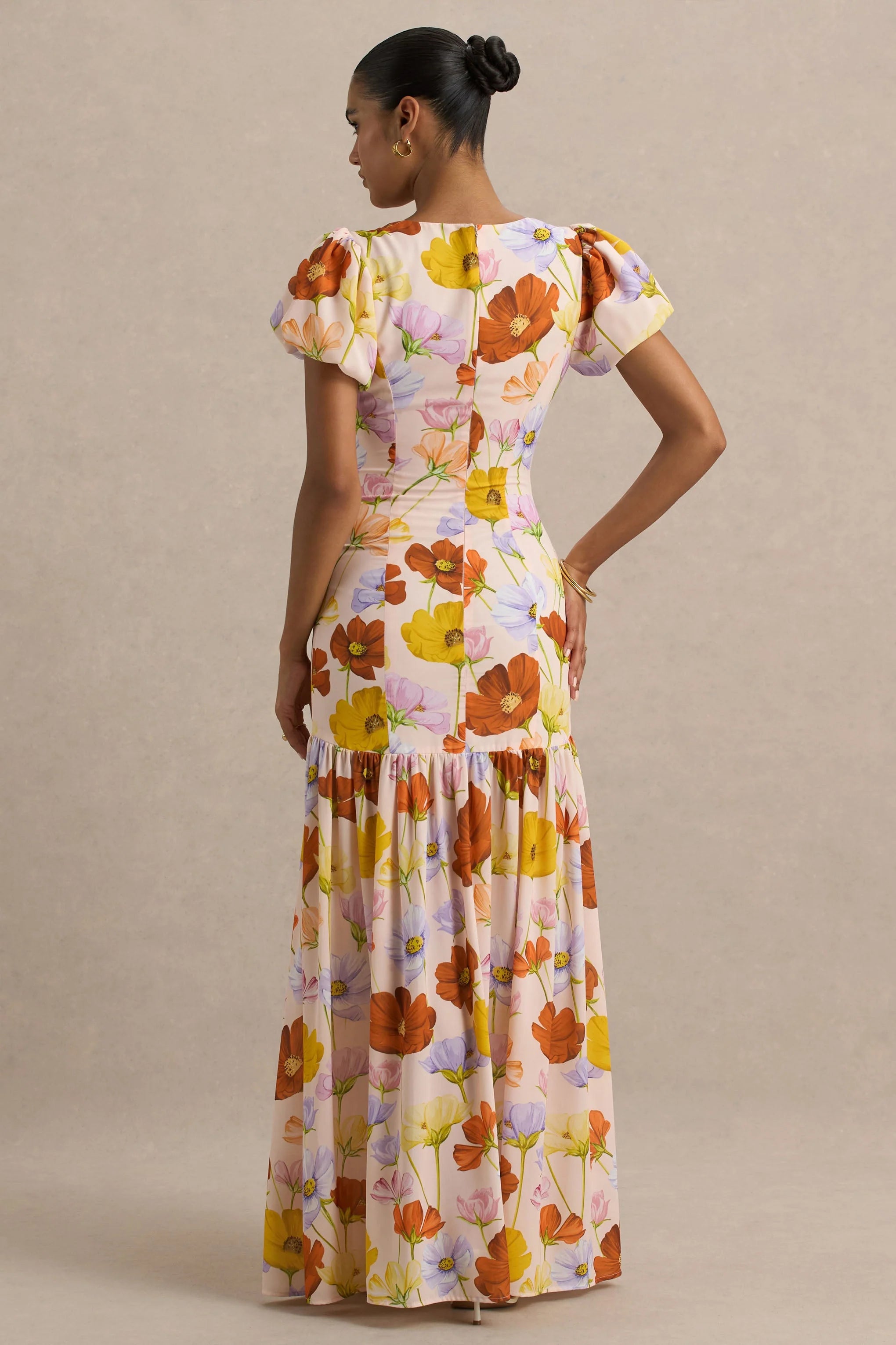 Ginny Bright Floral Print Puff Sleeve Split Maxi Dress