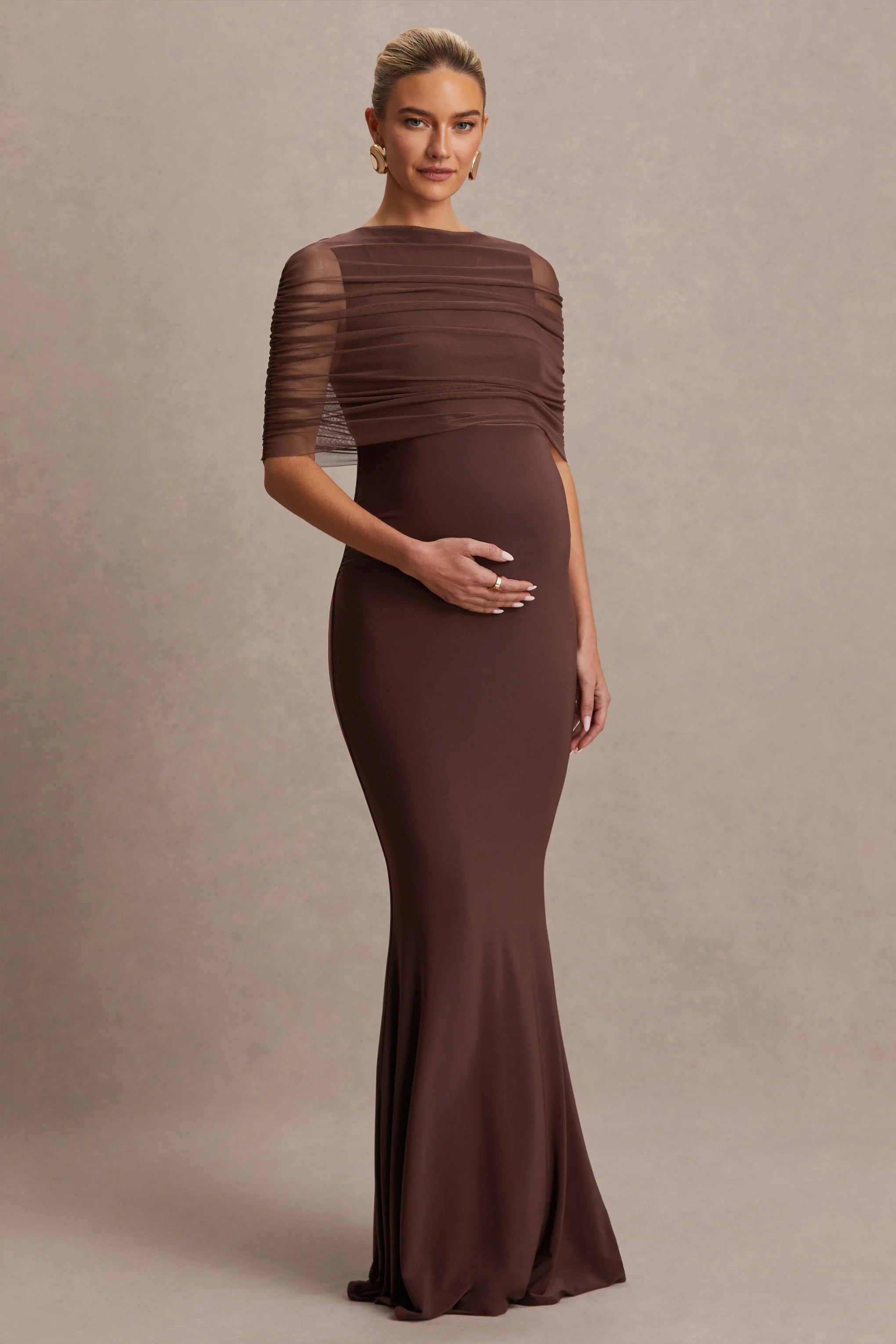 Zaria Brown Crew Neck Maternity Maxi Dress With Cape Overlay