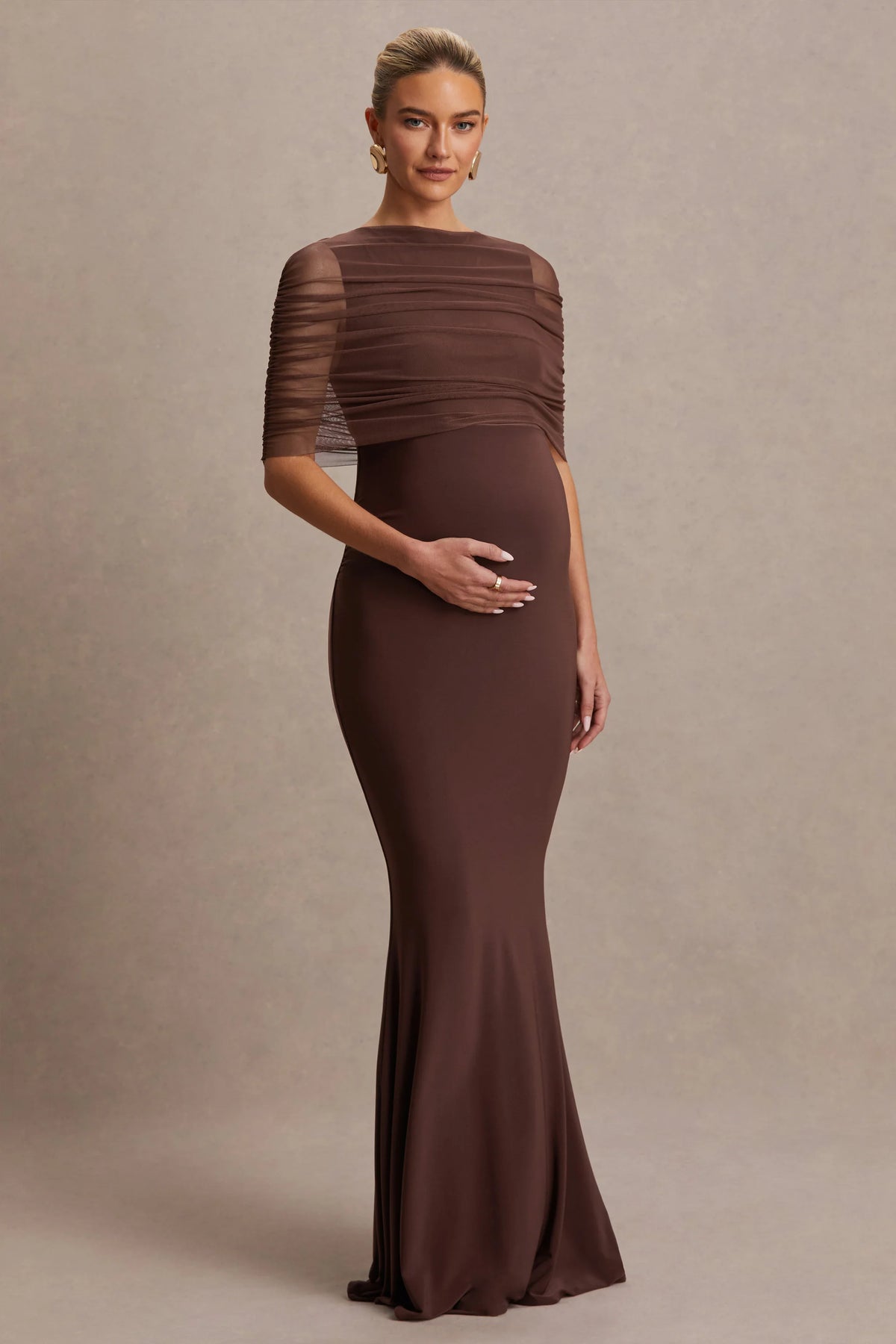 Zaria Brown Crew Neck Maternity Maxi Dress With Cape Overlay