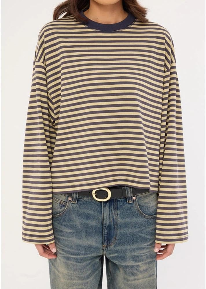 Women Striped Long Sleeve Shirt Crewneck Cropped Pullover Top Fall Winter Vintage Sweatshirt Streetwear