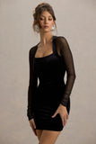 Off Piste Black Velvet Bodycon Mini Dress With Sheer Sleeves