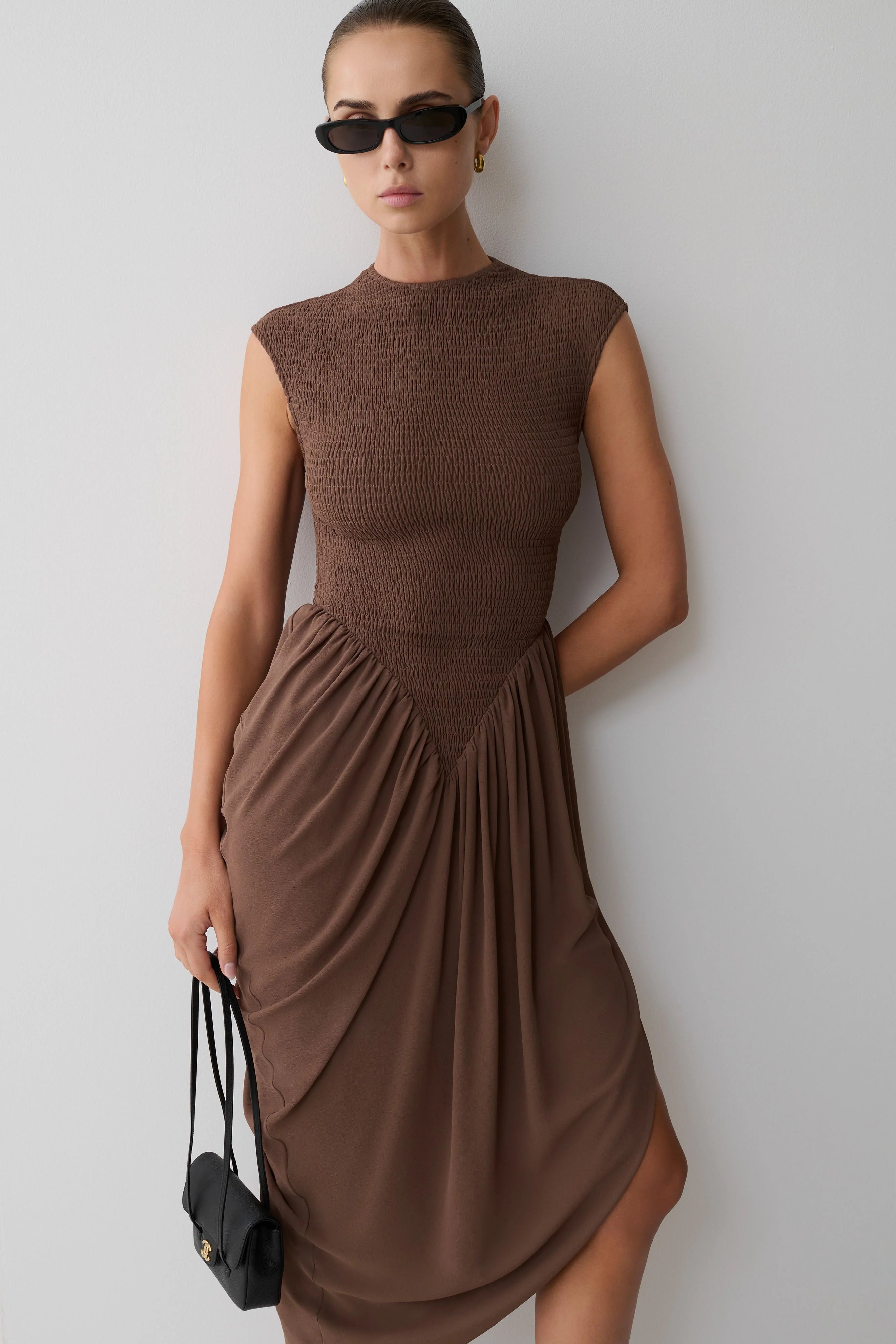 Nola Shirred Asymmetric Midi Dress Mocha