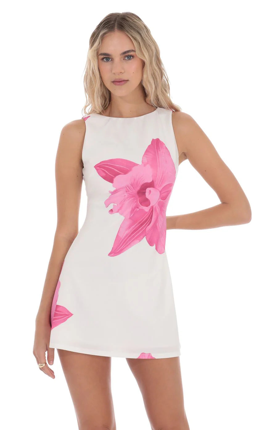 Floral High Neck Dress in White