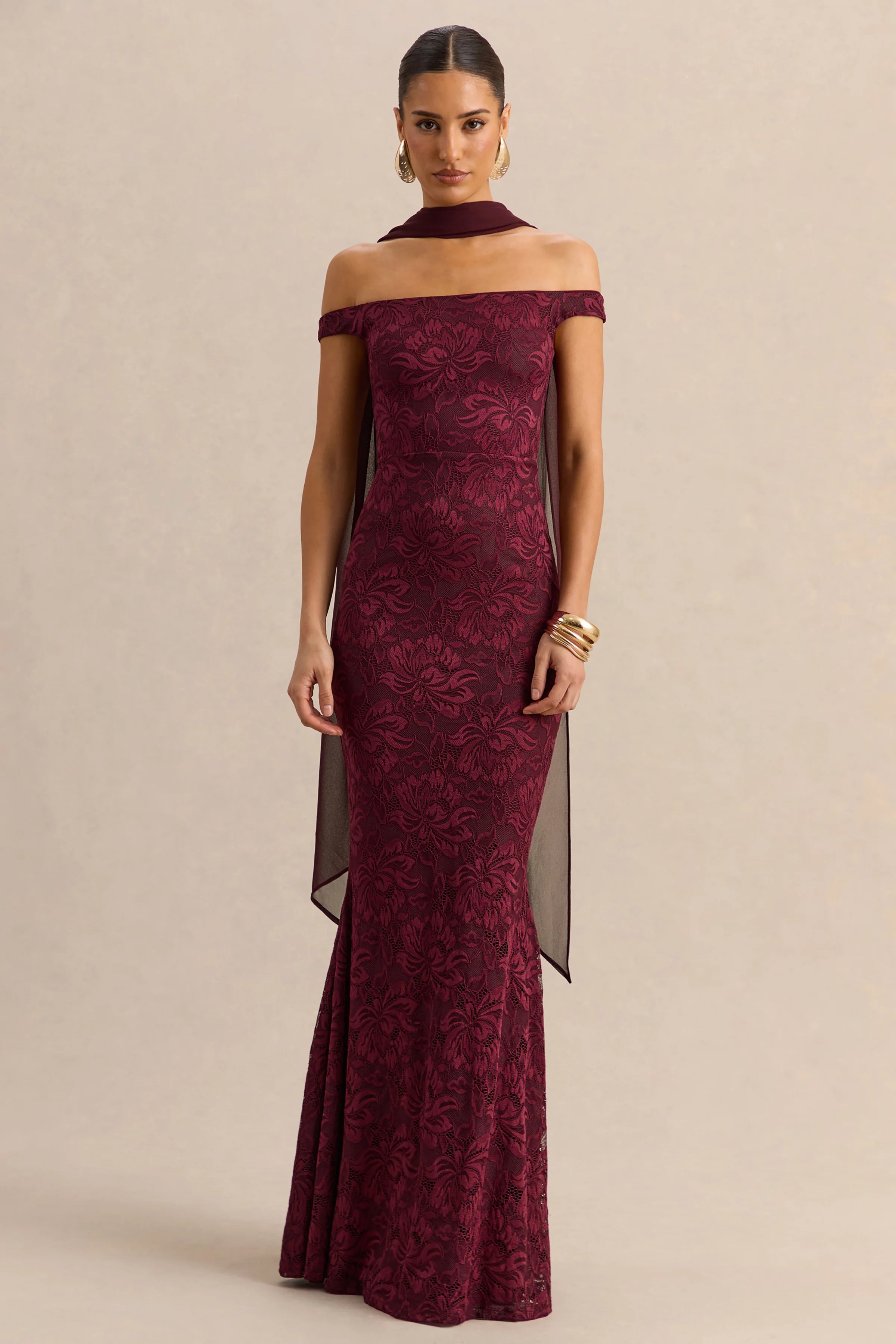 Iselle Burgundy Lace Bardot Neck Maxi Dress With Scarf Detail