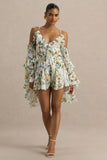 Anaya Lemon Floral Print Chiffon Playsuit With Long Sleeves