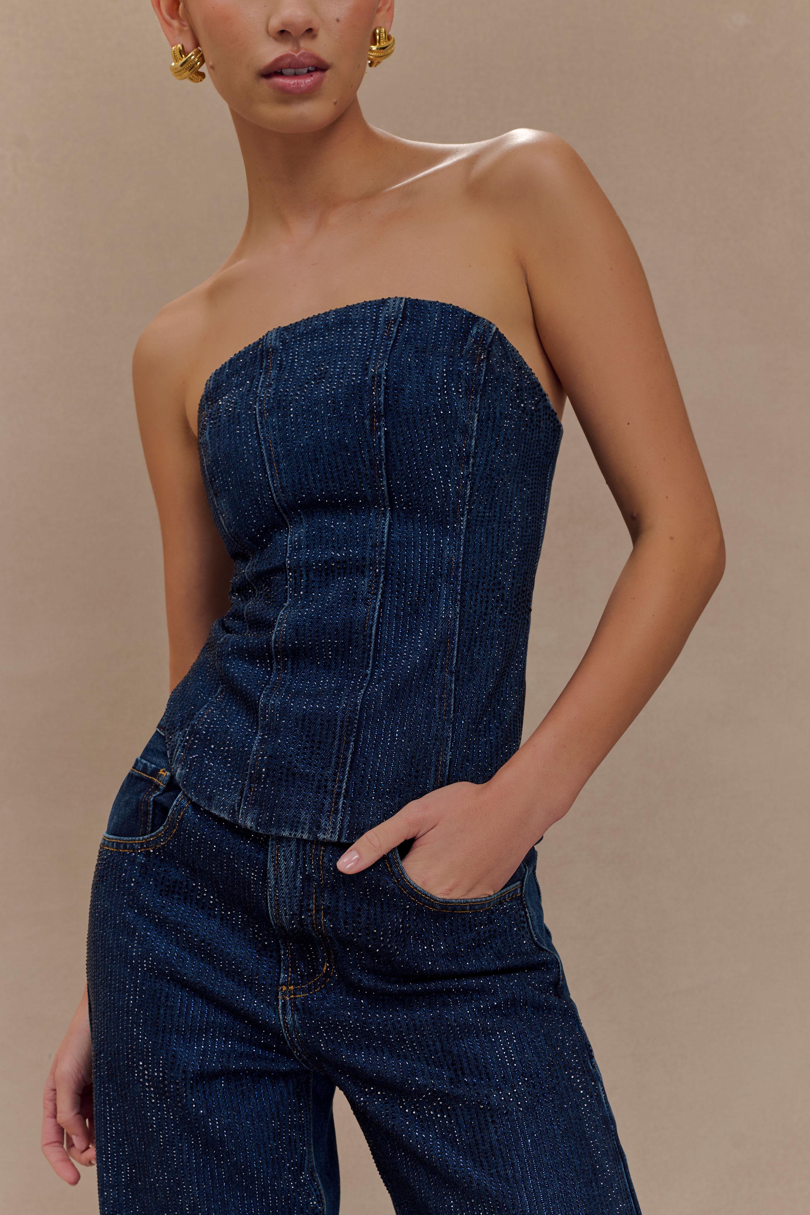 Monte Strapless Diamante Denim Corset Midnight Blue