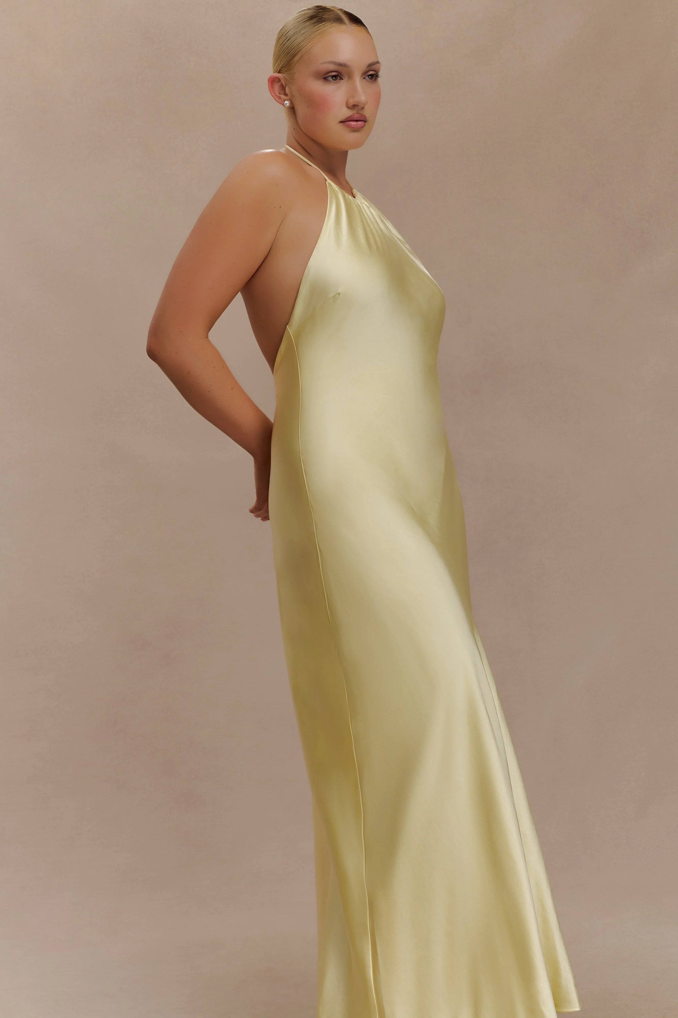 Bella Satin Halter Maxi Dress Lemon