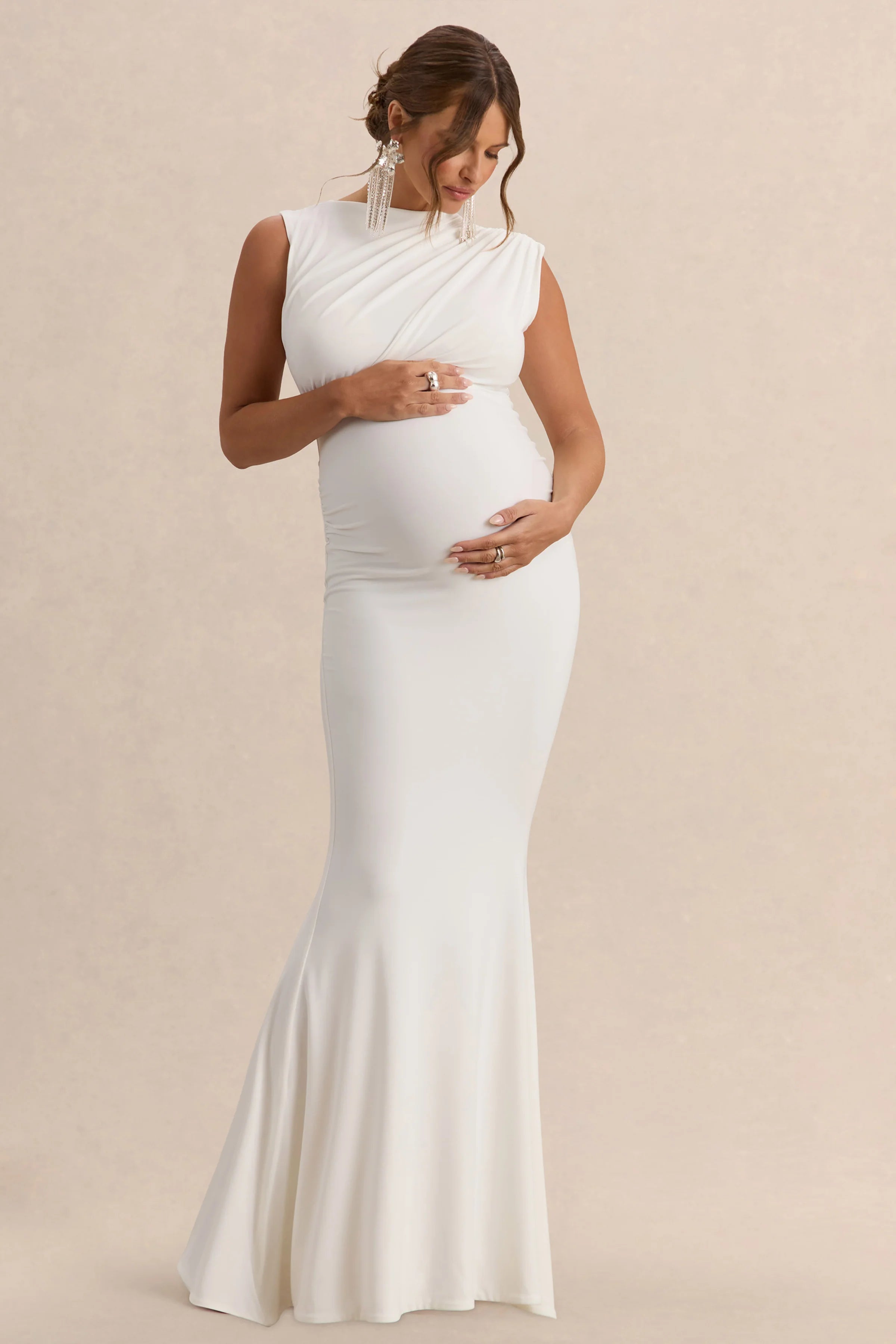Osanna White Wide Neck Maternity Maxi Dress With Ruched Detailing