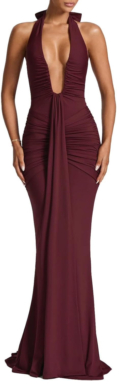 Women Deep V Neck Ruched Maxi Dress Sleeveless Halter Gown Cocktail Evening Formal Dresses