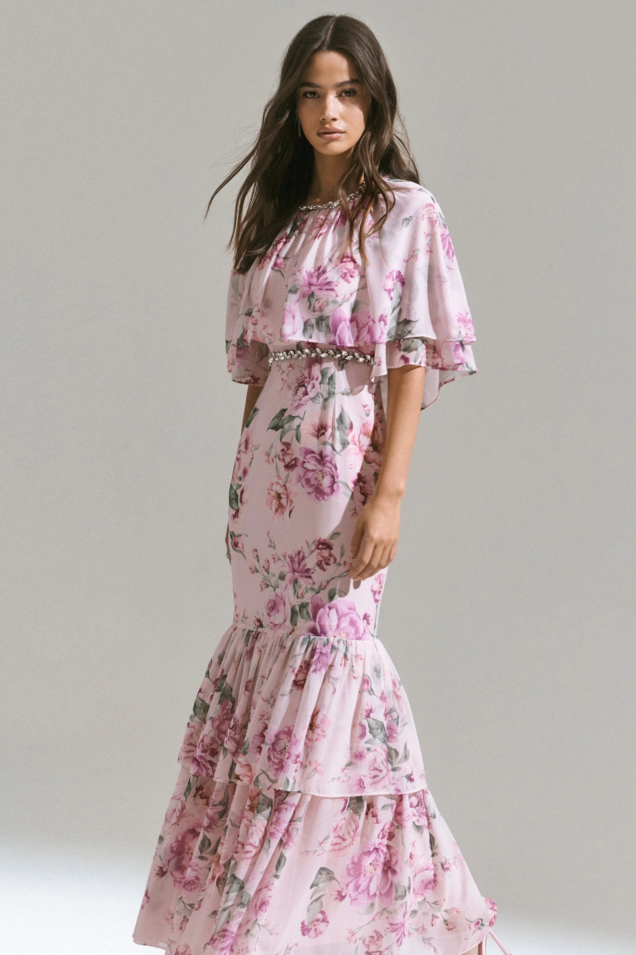 Never Let Go Pink Floral Print Chiffon Maxi Dress With Tiered Hem