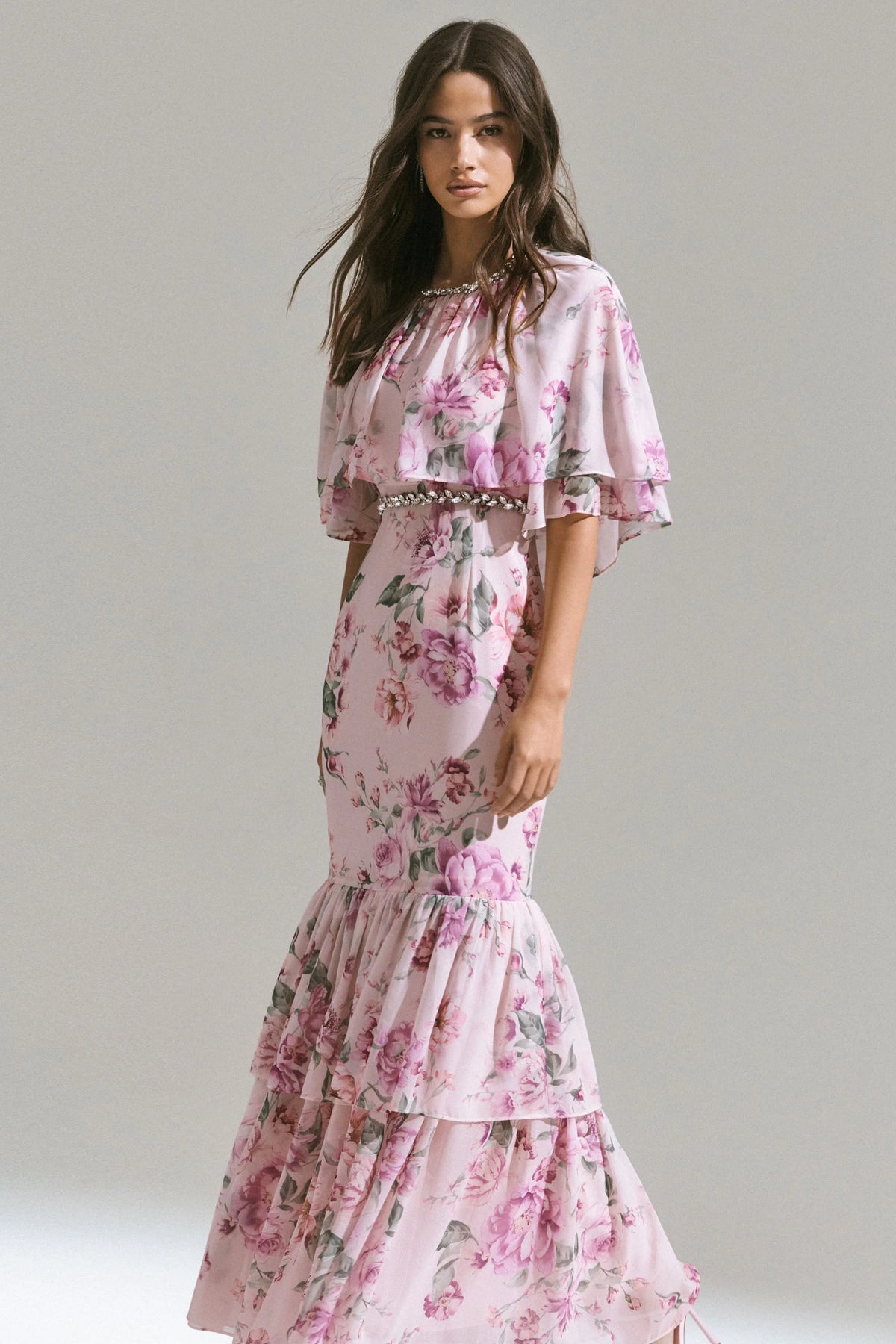 Never Let Go Pink Floral Print Chiffon Maxi Dress With Tiered Hem