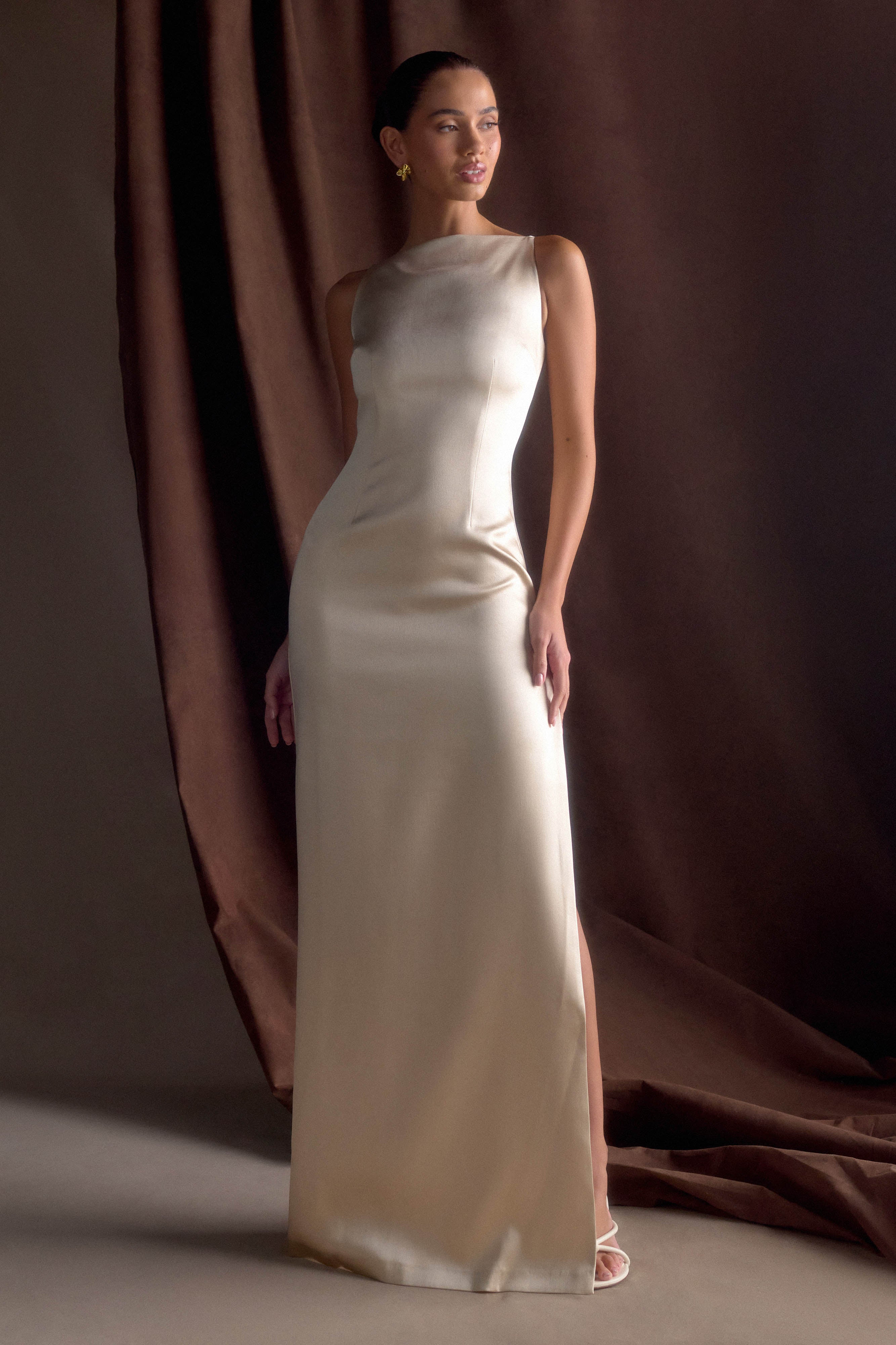 Violet Sleeveless Satin Maxi Dress Blush Gold